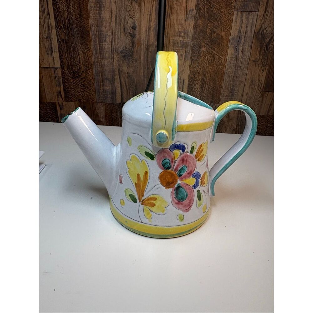 Made in Italy Hand Painted Ceramic Watering Can Floral Garden Decor Pitcher Vase